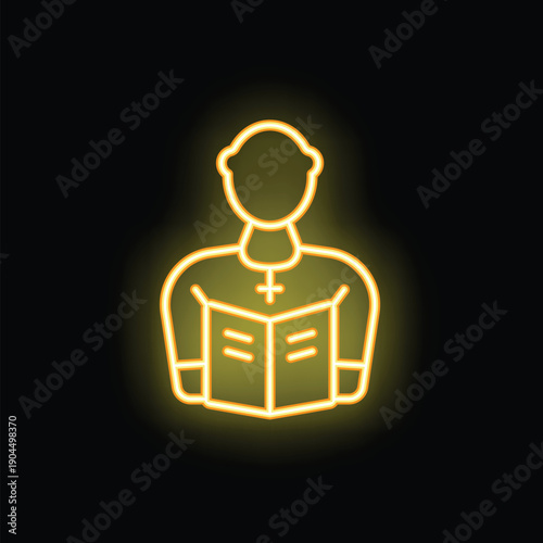 Neon style icon of a priest reading from the bible, glowing yellow on a black background