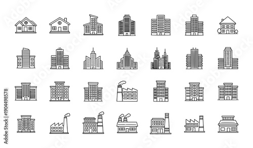 Minimal linear building icons for web, articles, and newspapers