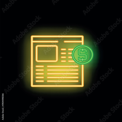 Neon yellow online paid content icon glowing on black background represents earning money from digital content