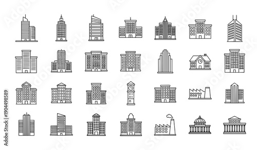 Linear building icon set with editable stroke for web, print, and editorial design