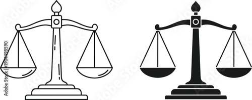 Black silhouette and outline justice balance scale vector illustration symbolizing law, fairness, equality, impartiality, ethics, morality, and judgment.