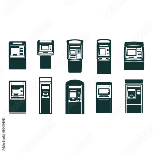 A collection of various types of atm machines in a row, each with unique designs and features. isolated on white background, Vector