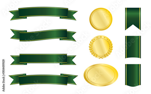深緑のサテンリボンとゴールドバッジを組み合わせたクラシカルな装飾エンブレムセット