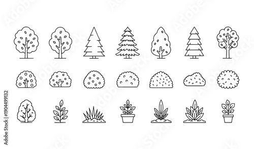 Minimal linear tree and bush outline icons for websites and publications