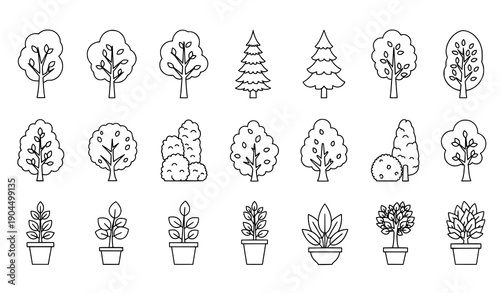 Simple outline tree and bush icons set with editable stroke for web and print
