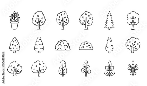 Editable stroke line icons of trees and bushes for web, books, and articles