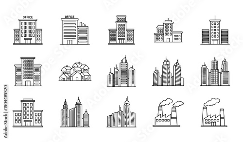 Editable stroke line icons of buildings for websites, articles, and books