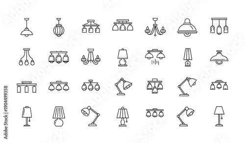 Minimal linear lamp and lustre icons for books, shops, and stores