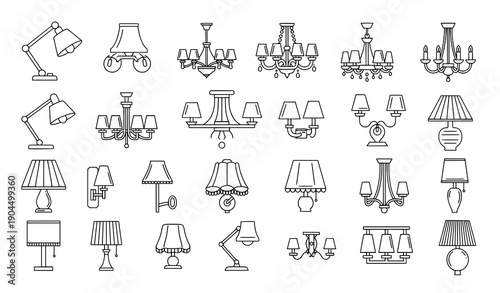 Thin line lamp and lustre icon set with editable stroke for shops and design
