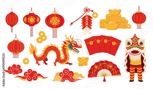 Flat Chinese New Year decoration illustrations for shops and apps