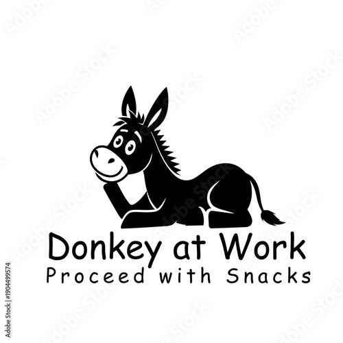 Funny full donkey mascot illustration with slogan text “Donkey at work – proceed with snacks” .black and white hand-drawn cartoon SVG