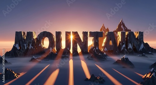 Dramatic mountain landscape with word MOUNTAIN at sunrise