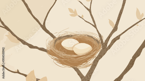 Flat Vector Illustration of Edible Bird Nest with Eggs on Tree Branches 2