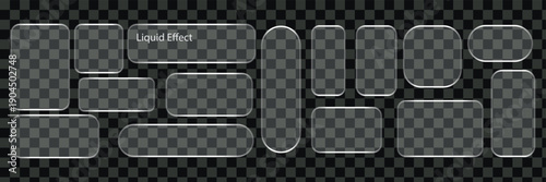 Modern transparent frame with 3d glass button shapes for ui design and morphism style. Glossy interface elements highlight smooth button concept and glass morphism aesthetics