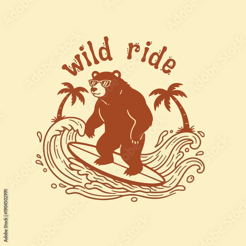 A cool brown bear surfs a big wave on a surfboard with sunglasses on.