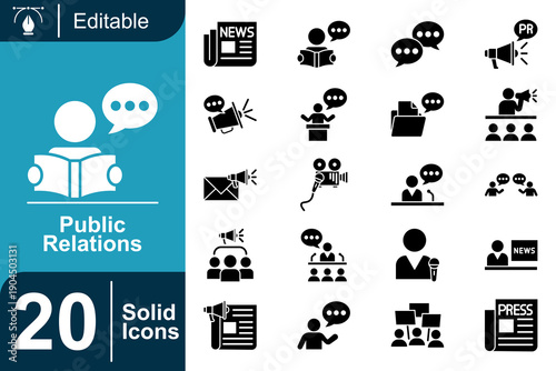 Editable Public Relations Solid Icons Collection - Visual Communication and Marketing Strategy Icons