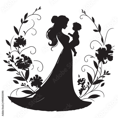 Beautiful mother silhouette with baby in a sling. Floral illustration 
