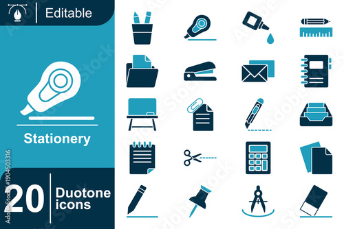 Collection of 20 Duotone Icons Illustrating Various Stationery and Office Supplies for Design and Creative Projects