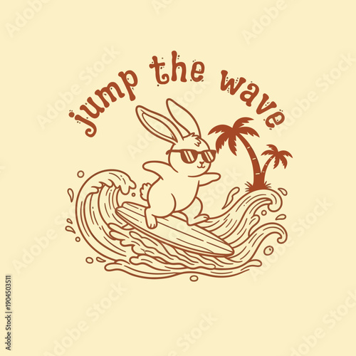 Cute cartoon rabbit wearing sunglasses surfing a wave.
