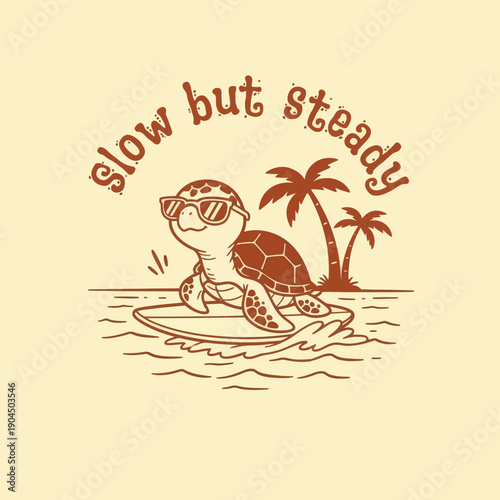 Cute cartoon turtle surfing with sunglasses and palm trees in the background.