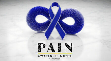 blue awareness ribbon and infinity symbol on marble symbolizing chronic pain awareness month in september for health advocacy.