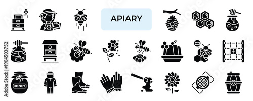 Apiary Icon set Collection in Solid Glyph Style. apiary, beekeeping, apiarist, bee, beehive, honey