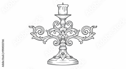 Line drawing of an ornate candelabra with a single candle on a white background.