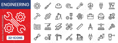 Engineering Tools Technical Work Line Icons