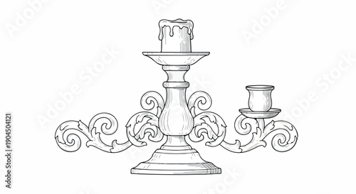 Detailed line drawing of an ornate candelabra with two candle holders and decorative scrollwork on a plain white background.