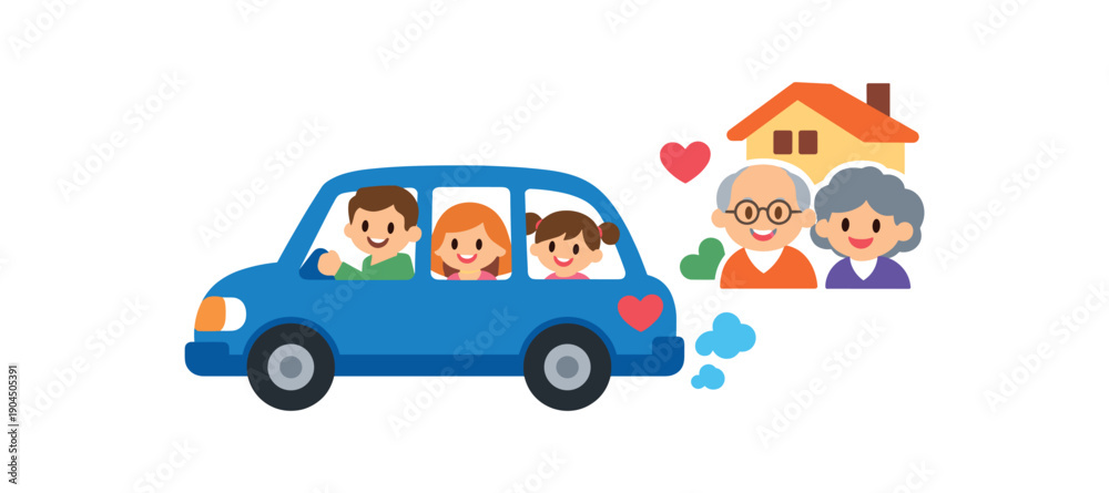 Fototapeta premium family with smiling faces and small heart on back driving to visit relatives clean shapes. colored flat icon vector illustration