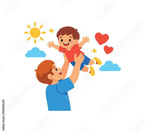 parent lifting child up air sun and heart around joyful family day play clean shapes. colored flat icon vector illustration