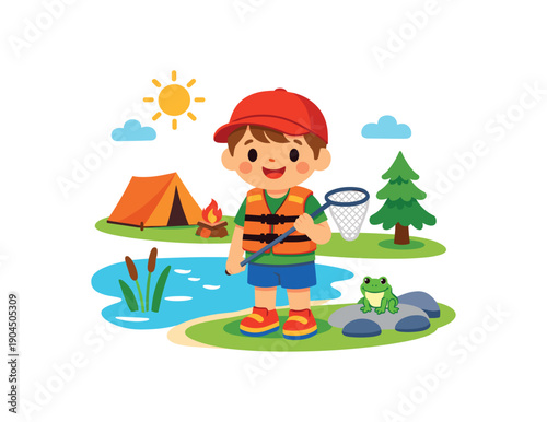 child standing by lake edge near campsite wearing life vest and holding small net safe water play clean shapes. colored flat icon vector illustration