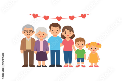 grandparents parents and kids standing row multi generation family portrait with tiny heart banner clean shapes. colored flat icon vector illustration