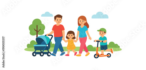 family walking park holding hands stroller and scooter simple family day walk clean shapes. colored flat icon vector illustration