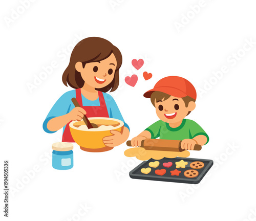 parent and child baking cookies together mixing bowl rolling pin and little hearts family kitchen time clean shapes. colored flat icon vector illustration