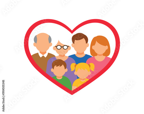 simple heart shaped frame with tiny family silhouettes inside children parents grandparents family value symbol clean shapes. colored flat icon vector illustration