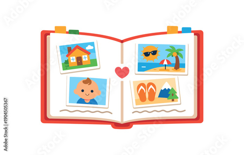 family memory album open with tiny photos of house baby and holidays symbol of shared stories clean shapes. colored flat icon vector illustration