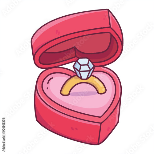 Vibrant cartoon illustration of an open heart-shaped box revealing a sparkling diamond engagement ring, symbolizing love, romance, and a proposal moment for life's special occasions