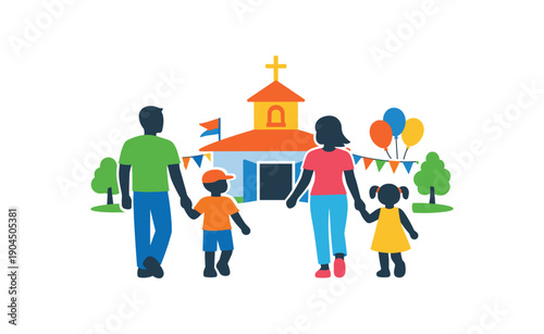 silhouette of family walking toward small church or community building family day event clean shapes. colored flat icon vector illustration