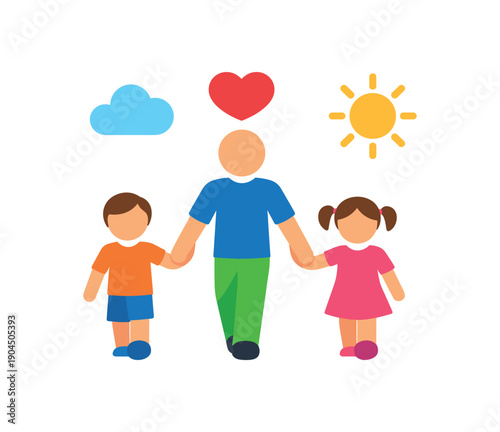 parent walking between two kids holding both hands bridge of arms heart sun and cloud peaceful family walk clean shapes. colored flat icon vector illustration