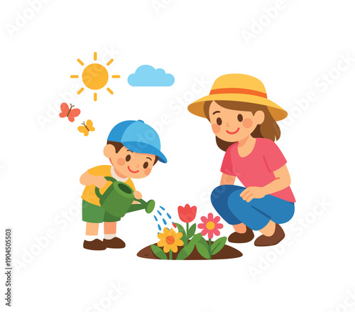 child watering flowers with mom springtime family care symbol clean shapes. colored flat icon vector illustration