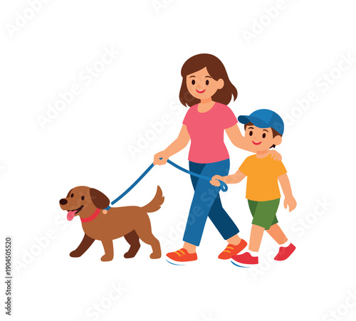 mother and child walking dog together shared responsibility family life clean shapes. colored flat icon vector illustration