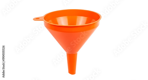 An orange plastic funnel with a transparent background for pouring liquids.