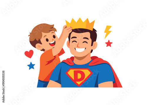 child placing paper crown on dads head fun hero dad concept for fathers day clean shapes. colored flat icon vector illustration