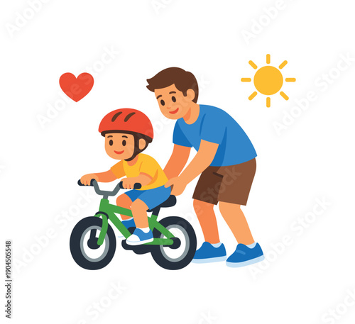 dad teaching child to ride bicycle holding little heart and sun clean shapes. colored flat icon vector illustration