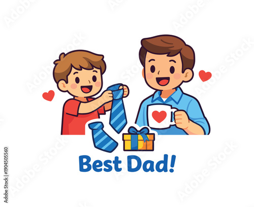 child giving dad classic tie and mug with heart icon cute fathers day gift set clean shapes. colored flat icon vector illustration