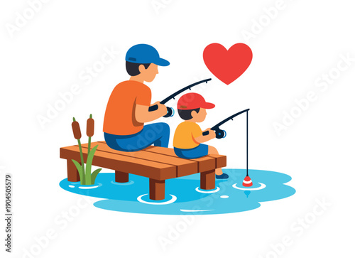 father and child fishing together from small pier calm water and heart icon peaceful time with dad clean shapes. colored flat icon vector illustration
