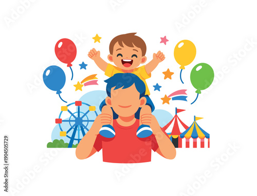 toddler sitting on shoulders of parent at festival balloons and stars unforgettable view clean shapes. colored flat icon vector illustration