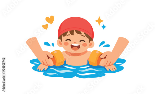 kid learning to swim with floaties pool parent hands close happy milestone clean shapes. colored flat icon vector illustration