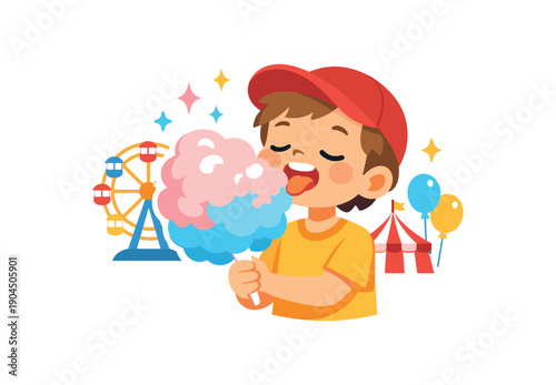 child tasting cotton candy at fair big fluffy treat magical moment clean shapes. colored flat icon vector illustration